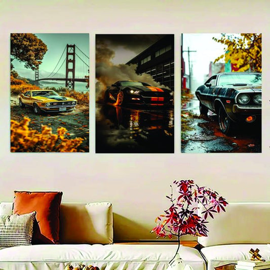 Set Of 3 Wall Art Wooden Sport cars Phototile Frames For Wall Decor